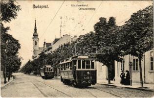 1907 Budapest I. Krisztina körút, villamosok, plébániatemplom (EB)
