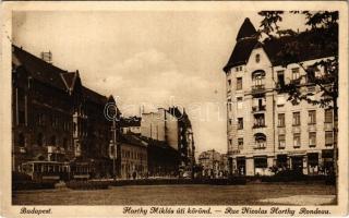 1927 Budapest XI. Horthy Miklós úti körönd (ma Bartók Béla út), villamos, gyógyszertár, üzlet