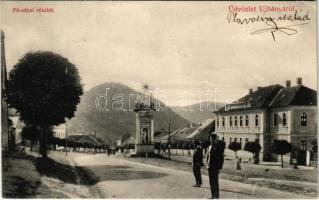 1912 Újbánya, Königsberg, Nová Bana; Fő utca, Szentháromság szobor / main street, Trinity statue (fa)