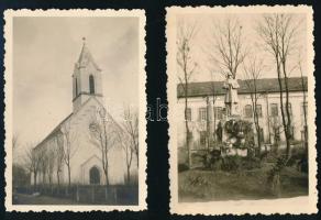 1941 Örkény, hősök szobra és református templom, 2 db fotó, hátoldalon feliratozva, 9×6 cm