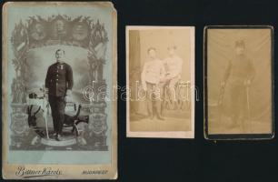 cca 1900 3 db keményhátú katonai fotó, közte katonai emlék Ferenc József és Ferenc Ferdinánd arcképével, 7×10 és 11×16 cm