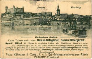 1901 Pozsony, Pressburg, Bratislava; Franz Kühmayer & Comp. , k.u.k. Hof-Goldposamentierwaaren-Fabrik, Damen-Goldgürtel und -Silbergürtel / Arany paszománygyár, női arany övek és ezüst övek reklám. Luszt Ármin kiadása / Gold trimmings factory, womens gold belts and silver belts advertisement (EK)