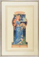 Dekoratív, üvegezett képkeret, benne Elisabeth Sonnel szecessziós nyomata, 67x45cm