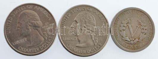 Amerikai Egyesült Államok 1912. 5c Cu-Ni + 2009. 1/4$ Cu-Ni "Columbia" + 2013. 1/4$ Cu-Ni ...