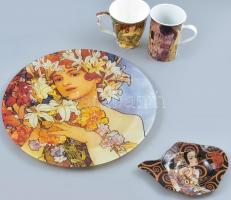 Mucha és Klimt dekorral ellátott tál, üveg, d: 30 cm , bögrék, porcelán. Matricás, jelzett.