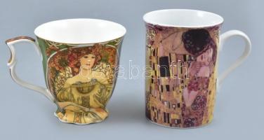 Mucha és Klimt dekorral ellátott tál, üveg, d: 30 cm , bögrék, porcelán. Matricás, jelzett