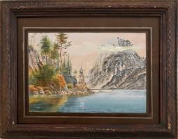 Jelzés nélkül: Alpesi tópart. Akvarell, papír, jelzett. Üvegezett, dekoratív, kissé kopott fakeretben, 22x30 cm