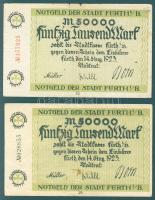 Német Birodalom/Weimari Köztársaság/Fürth 1923.8.14. 50.000M (2x) egyik piros, a másik fekete sorszámmal T:III