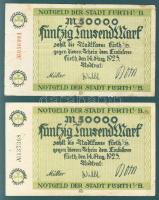 Német Birodalom/Weimari Köztársaság/Fürth 1923.8.14. 50.000M (2x) egyik piros, a másik fekete sorszámmal T:III
