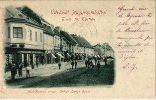 1900 Nagyszombat, Trnava; Alsó Hosszú utca, Winter Zsigmond és Leder Ferenc üzlete / Untere Lange Gasse / street, shops (r)