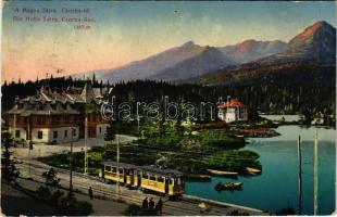 1916 Tátra, Magas-Tátra, Vysoké Tatry; Csorba-tó, villamos / Strbské Pleso / lake, tram (apró lyuk / tiny pinhole)