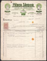 1937 Bp., Héber Sándor Kályha-és Tűzhelygyára fejléces számla illetékbélyeggel