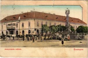 1911 Érsekújvár, Nové Zamky; Arany oroszlán szálloda, Szentháromság szobor. Szivesi kapus kiadása / hotel, Trinity statue (szakadás / tear)