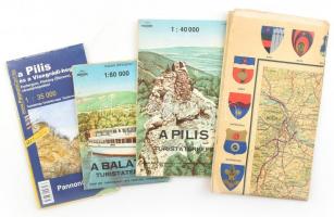 cca 1985-2000 Vegyes magyar témájú térkép tétel, 4 db: Pilis és a Visegrádi-hegység, A Pilis turistatérképe, A Balaton turistatérképe, Magyarország térkép.