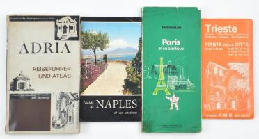 Vegyes külföldi útikönyv és térkép tétel, 4 db:  Adria Reiseführer und Atlas, Guide de Naples et ses environs, Michelin Paris et sa banlieue, Triest pianta della cittá.