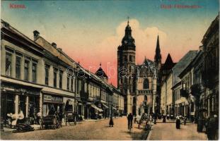 1915 Kassa, Kosice; Deák Ferenc utca, Farkas Károly, Mangl Manó üzlete. Benczur Vilmos felvétele / street, shops