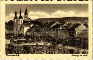 Marosvásárhely, Targu Mures; Széchenyi tér, piac, Vámos Sándor, Farkas üzlete / market square, shops