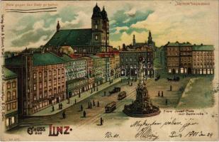 1901 Linz, Franz Josef Platz mit Domkirche. Meteor No. 372. Bitte gegen das Licht zu halten / hold to light litho (fa)