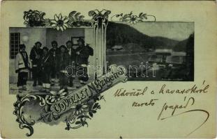 1900 Máramarossziget, Sighetu Marmatiei; Makerlói vízfogó, gát, tutajos oroszok / Macarlau dam, Russian rafters. Art Nouveau, floral (vágott / cut)