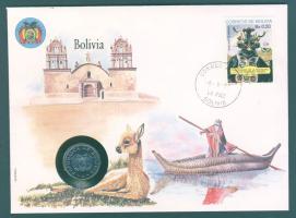 Bolívia 1987. 20c érmés borítékon előlapi Bolívia bélyeggel + hátlapi ENSZ/New York díszbélyegzős bélyegekkel T:1