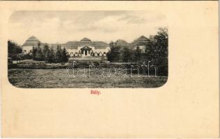 1908 Bély, Biel; Sennyey kastély. Löwy. A. kiadása / castle + M.SZIGET - MISKOLCZ - BUDAPEST 33. SZ. vasúti mozgóposta bélyegző