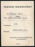 1966 Bp., Magyar hanglemezklub tagsági igazolványa