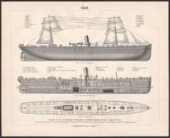 7 db hajó (részben hadihajó) témájú metszet és nyomat a Pallas és Meyers lexikonból. Részben kétoldalas. 16x24,5 cm