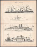 7 db hajó (részben hadihajó) témájú metszet és nyomat a Pallas és Meyers lexikonból. Részben kétolda...