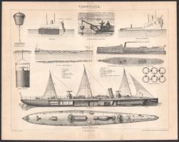 7 db hajó (részben hadihajó) témájú metszet és nyomat a Pallas és Meyers lexikonból. Részben kétolda...