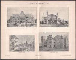 cca 1900 4 db Ezredéves kiállítás témájú nyomat a Pallas lexikonból. 16x24,5 cm