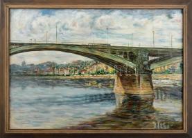 Kovács Ernő (?- ): A Margit híd, 1988. Olaj, farost, jelzett, kopott keretben, 50x70cm