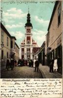 1904 Nagyszombat, Tyrnau, Trnava; Barátok temploma, Színház utca, üzletek / church, street view, shops (EB)