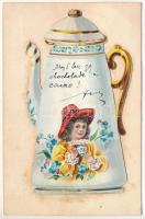 1901 Greeting card with coffee pot. Floral, litho (EK)