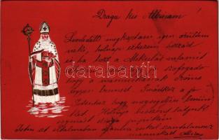 1900 Christmas greeting art postcard with Saint Nicholas. Emb. litho (EK)