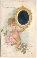 1900 Kis tükröcske, mondd meg bátran ki a legszebb az országban. Angyalkás üdvözlőlap valódi tükörrel / Greeting art postcard with real mirror. Patent L.D.F. litho (fa)