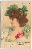 1900 Hölgy igazi hajas rátéttel / Lady with real hair. litho (lyukasztott / punched holes)