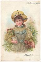 1901 Hölgy rátéttel / Lady art postcard. litho (EK)