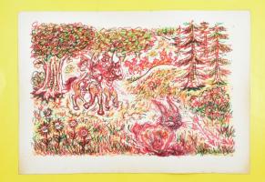 Olvashatatlan jelzéssel: Vadászok az erdőben. Filctoll, papír, 42x59 cm