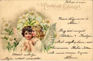 1901 Pünkösdi üdvözlet / Pentecost greeting art postcard with angels. litho (EK)