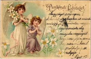 1900 Pünkösdi üdvözlet / Pentecost greeting art postcard with angels. litho (fa)
