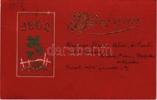 1902 Boldog Újévet! / New Year greeting art postcard with clovers. Emb. litho (fl)