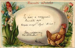 1901 Húsvéti üdvözlet / Easter greeting art postcard with dwarf, egg and chicken. litho (EK)