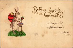 1901 Boldog húsvéti ünnepeket / Easter greeting art postcard with rabbit, eggs and chicken. Emb. litho (EK)