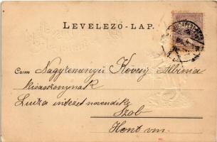 1901 Boldog húsvéti ünnepeket / Easter greeting art postcard with rabbit, eggs and chicken. Emb. lit...