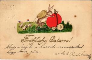 1901 Fröhliche Ostern! / Easter greeting art postcard with rabbits and egg. Emb. litho (fl)