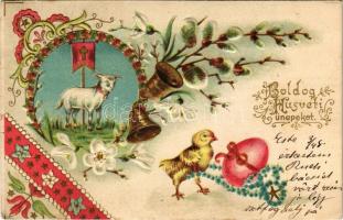 1902 Boldog húsvéti ünnepeket / Easter greeting art postcard with sheep, bells and egg. Art Nouveau, floral, Emb. litho (EK)