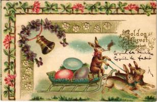 1902 Boldog húsvéti ünnepeket / Easter greeting art postcard with rabbits, eggs and bell. Art Nouveau, floral, Emb. litho