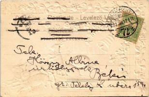 1902 Boldog húsvéti ünnepeket / Easter greeting art postcard with rabbits, eggs and bell. Art Nouvea...