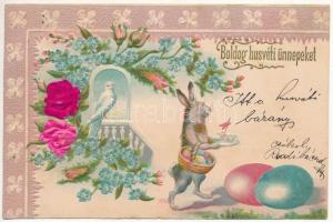 1902 Boldog húsvéti ünnepeket / Easter greeting art postcard with rabbit, eggs and silk flowers. Art Nouveau, floral, Emb. litho