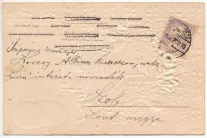 1902 Boldog húsvéti ünnepeket / Easter greeting art postcard with rabbit, eggs and silk flowers. Art...